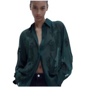 Zara Semi Sheer Embroidered Button Blouse Green S Romantic Boho Office Whimsical